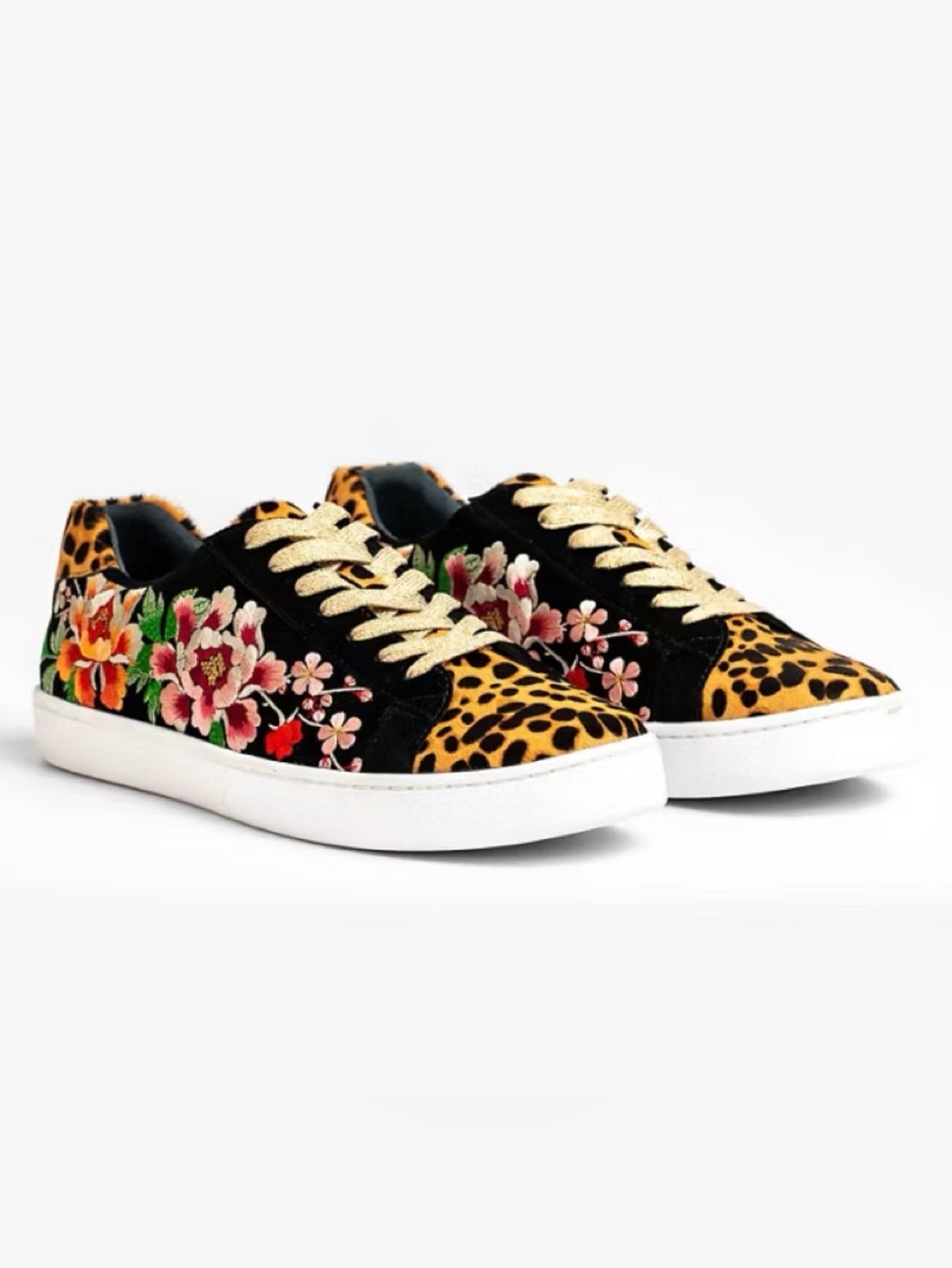 Johnny Was Black Sneakers with Acacia Leopard & Floral Embroidery